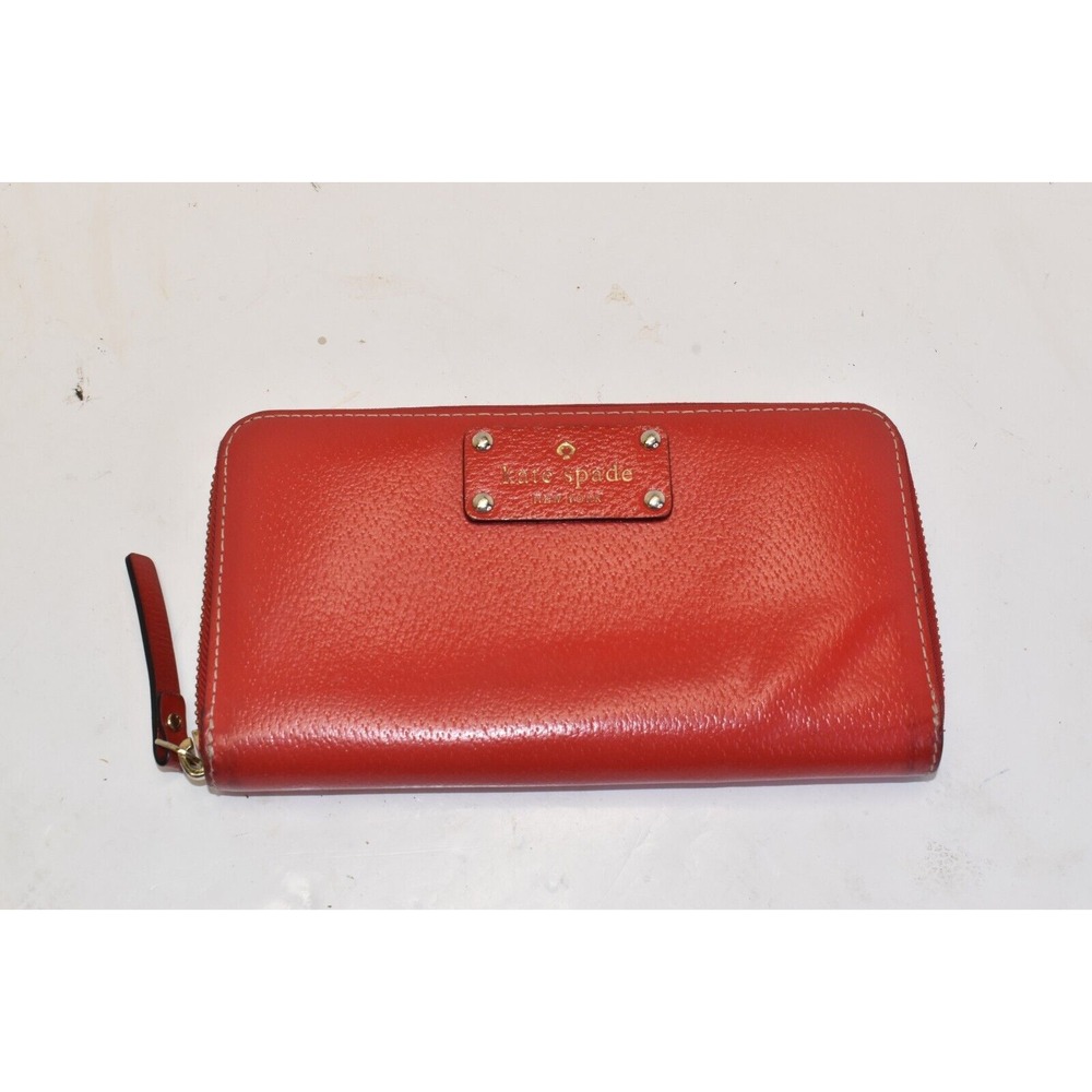 Kate Spade Wallet Red Womens Zip Around Pebbled Leather Logo Plaque